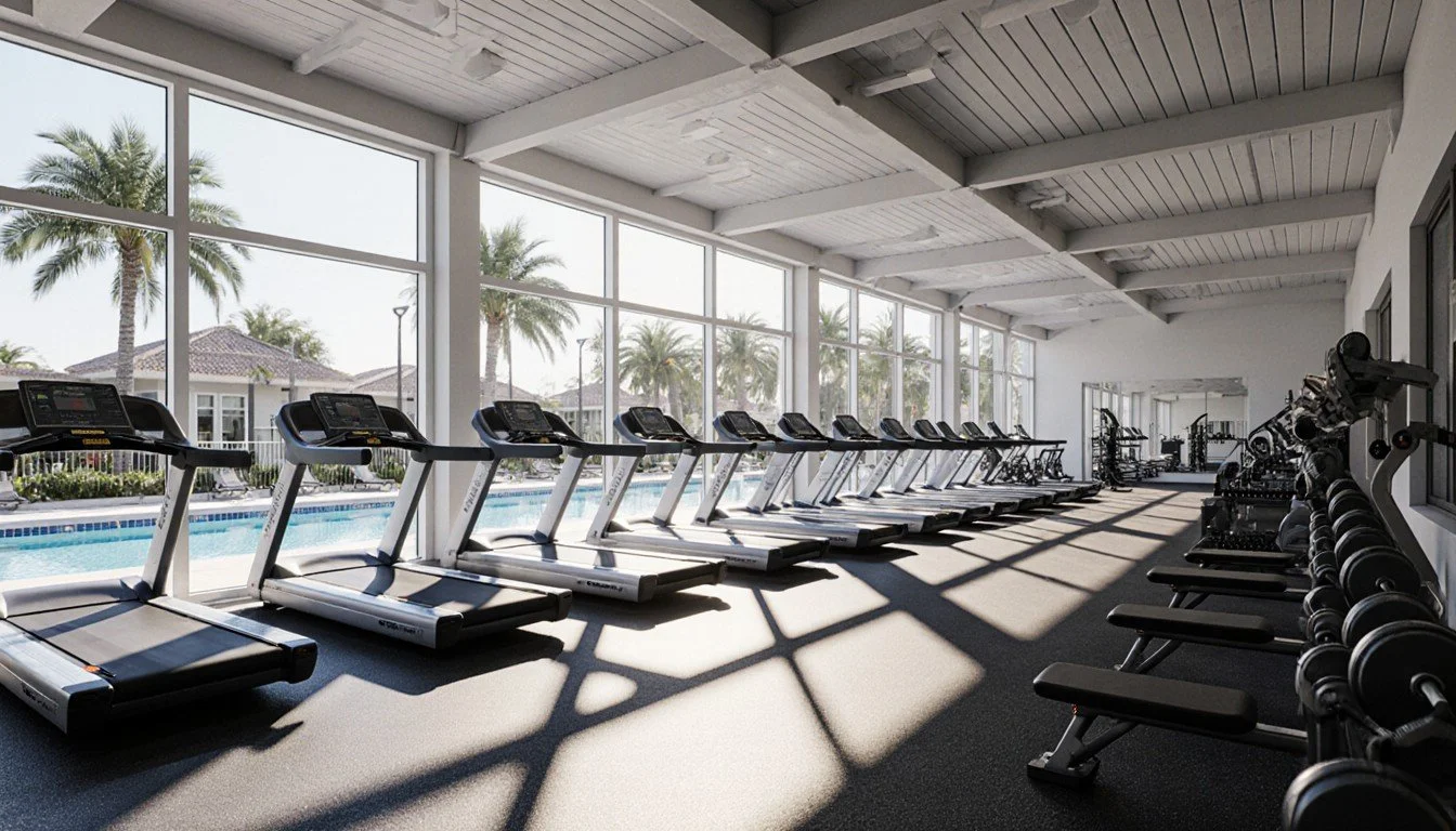 Fitness center overlooking the pool