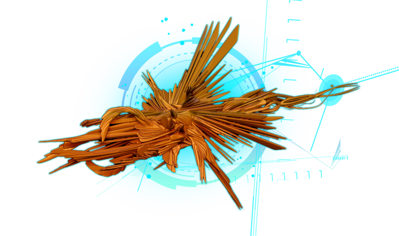 Futuristic digital rendering of a brown, spiky, abstract object resembling a bird or insect, set against a blue, holographic technological background.
