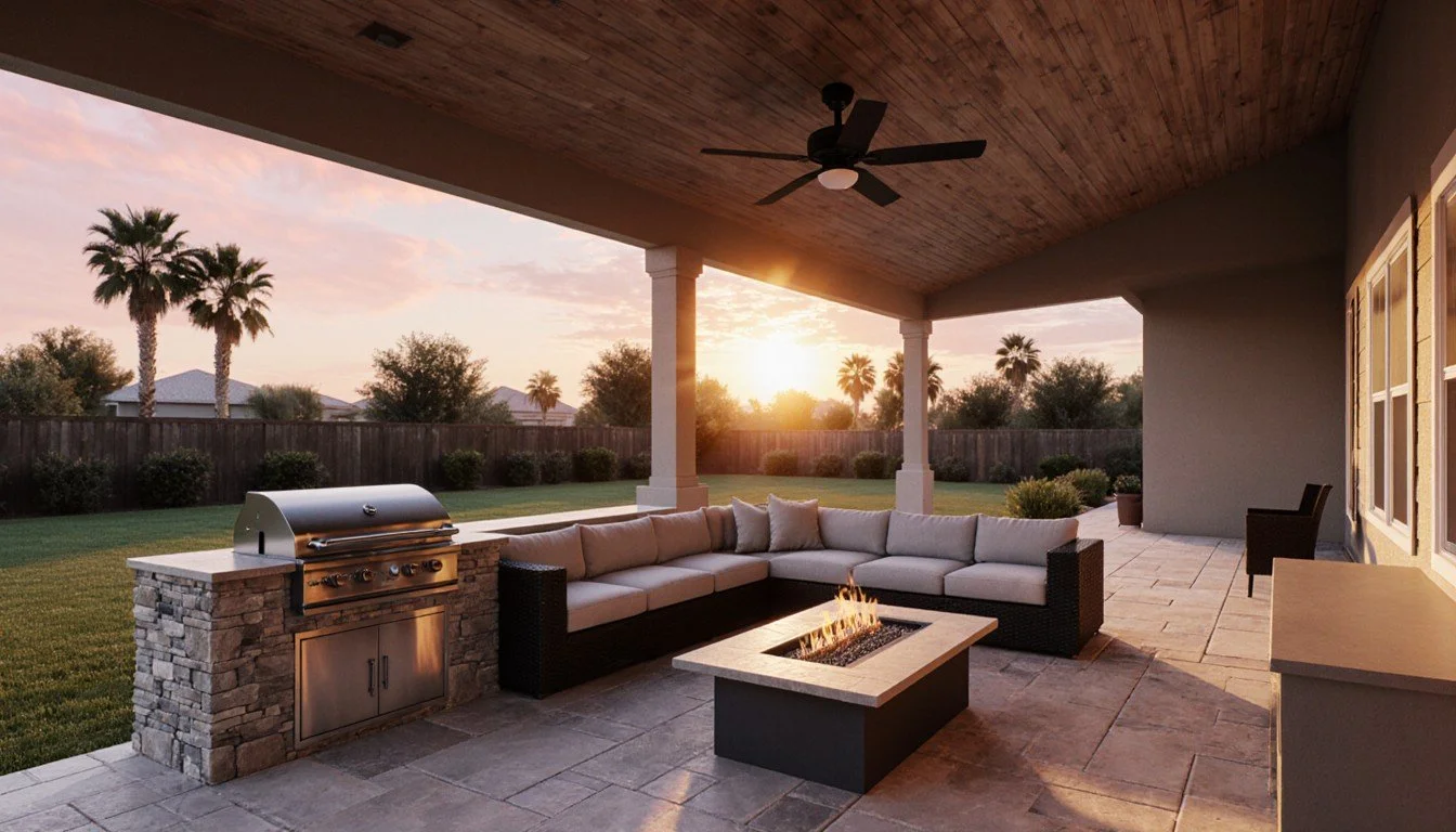 Covered patio with summer kitchen at sunset
