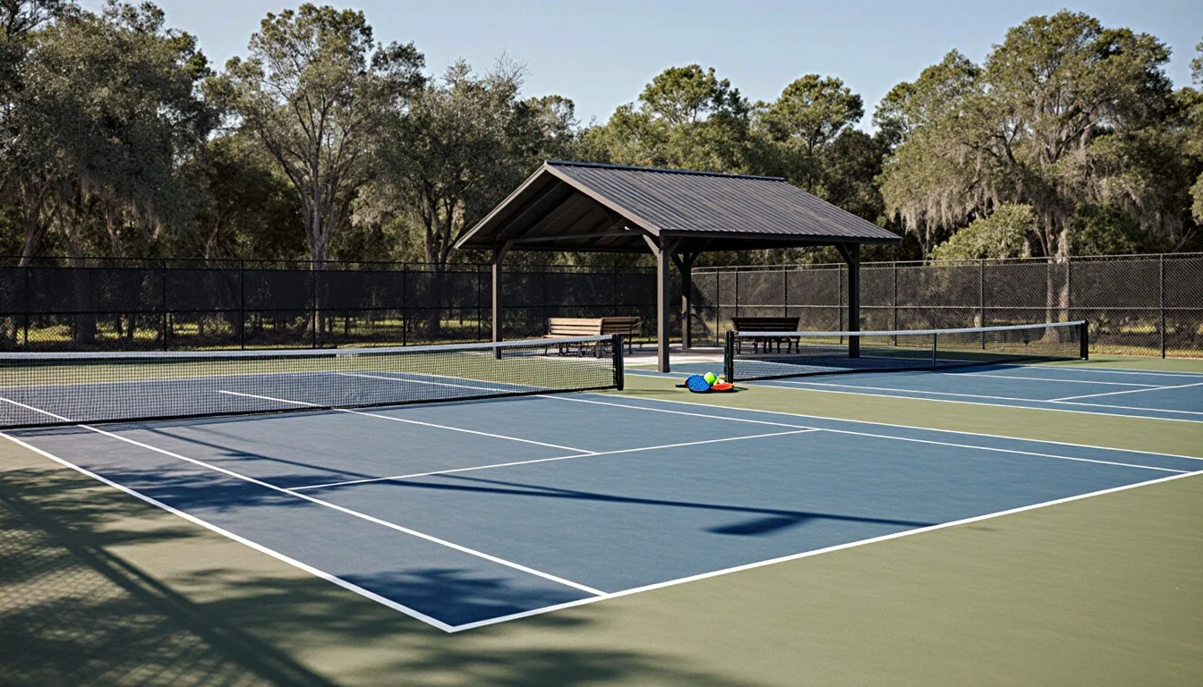 Four pickleball courts with shade pavilion