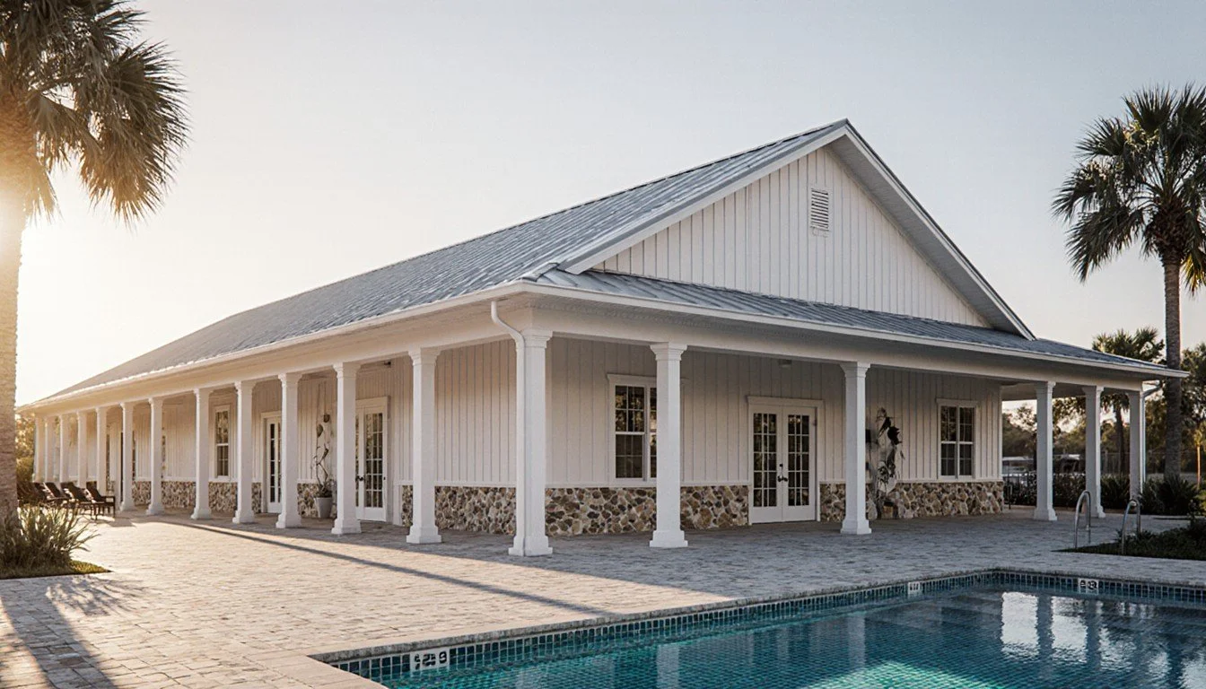 Clubhouse from the pool deck: standing-seam roof, board-and-batten, stone base