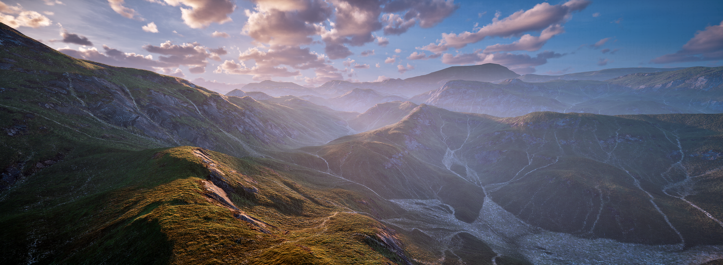 A mountainous landscape with green slopes, rocky ridges, and a cloudy sky, illuminated by soft sunlight.