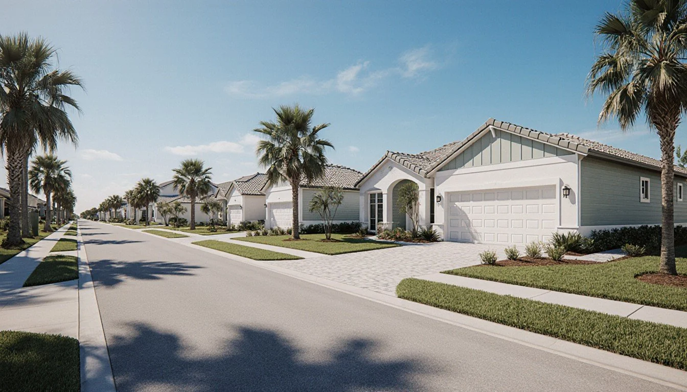 Neighborhood street of single-story coastal homes