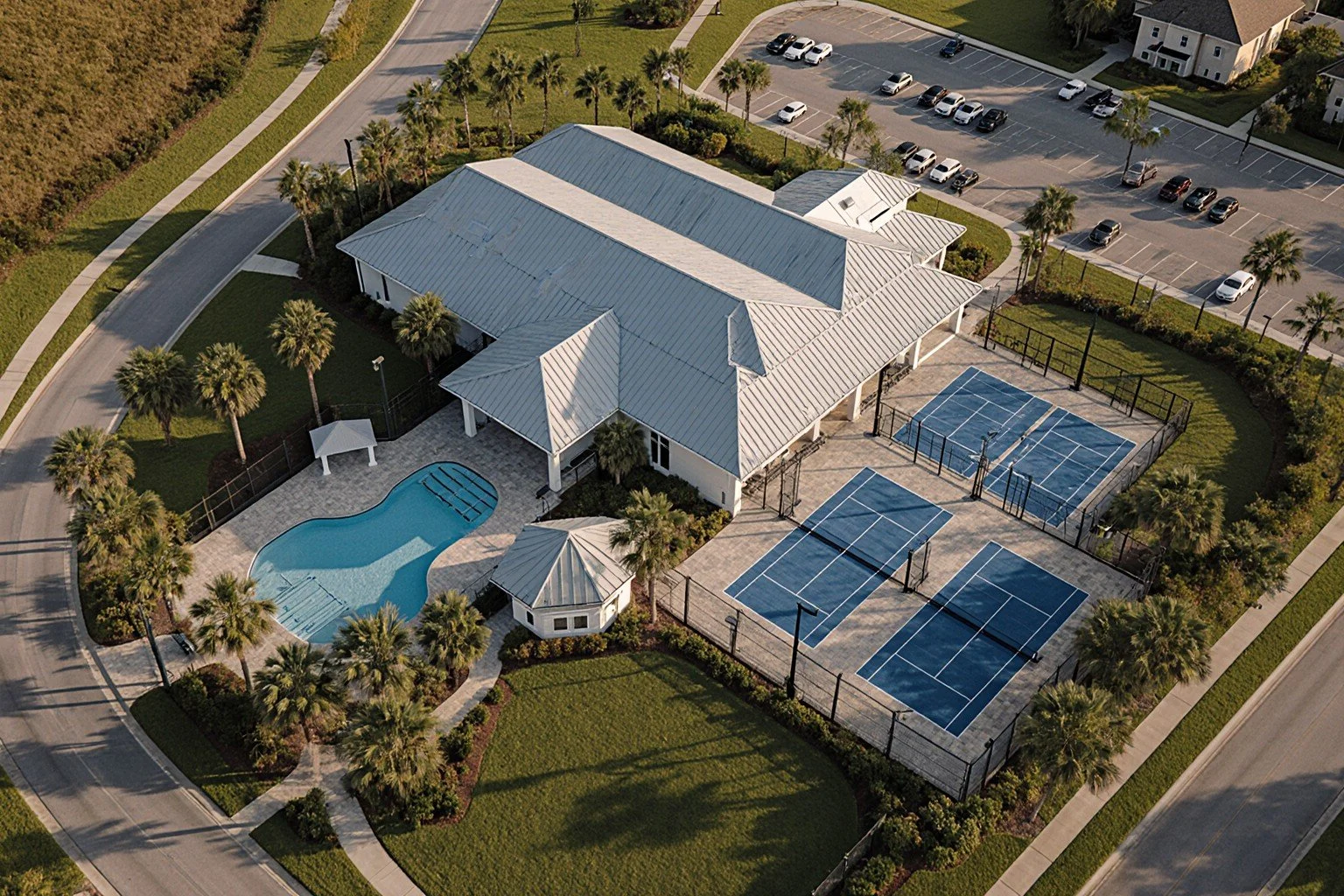 Amenity campus aerial: clubhouse, resort pool and pickleball at golden hour