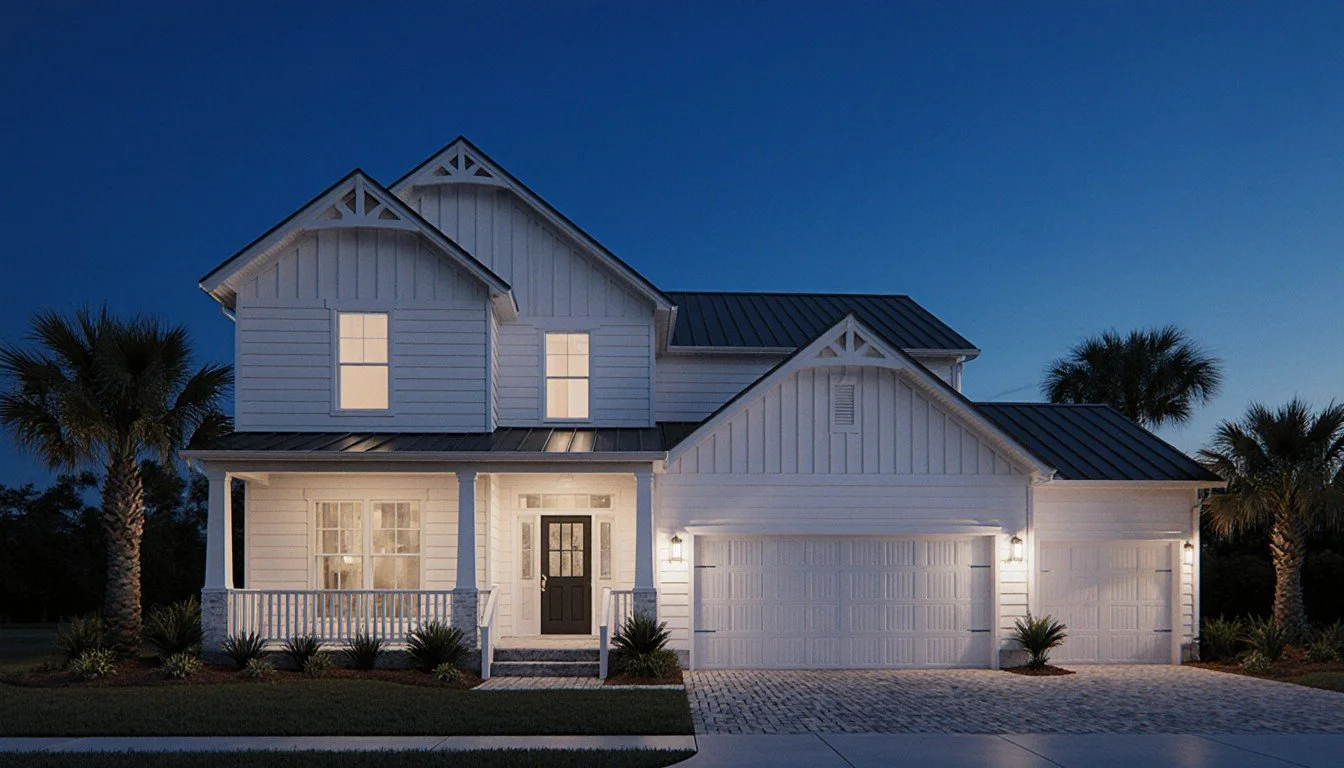 Two-story coastal home at twilight