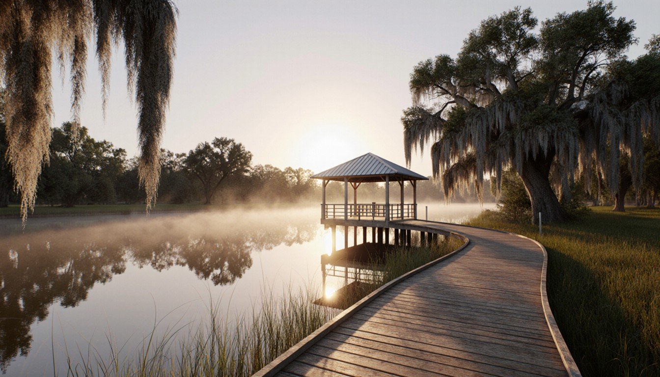 Lakeside boardwalk and fishing pier at sunrise