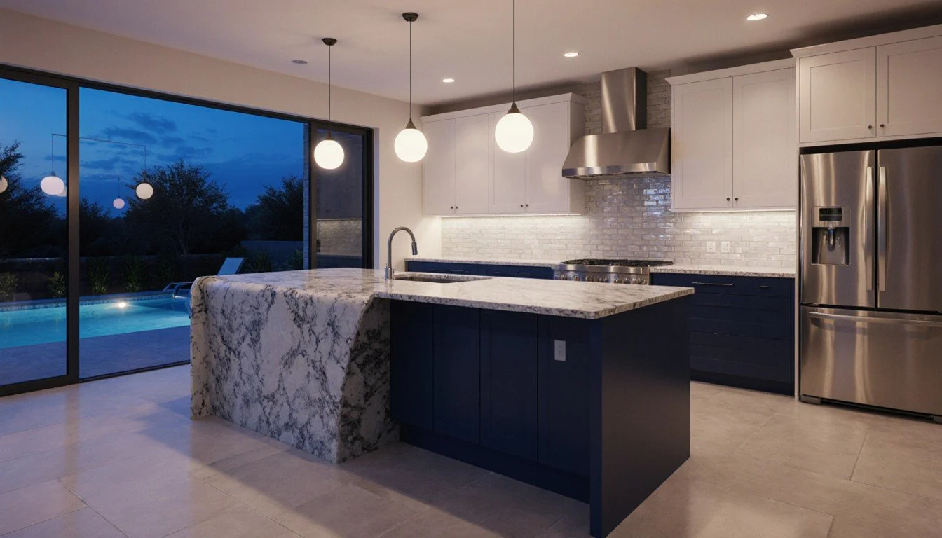 Kitchen at twilight: navy island and waterfall quartz