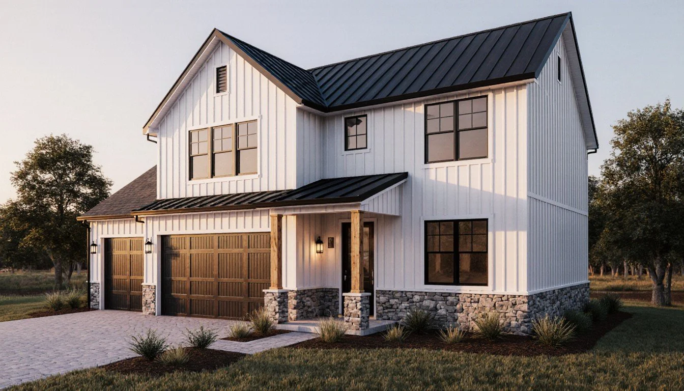Modern farmhouse model home at golden hour