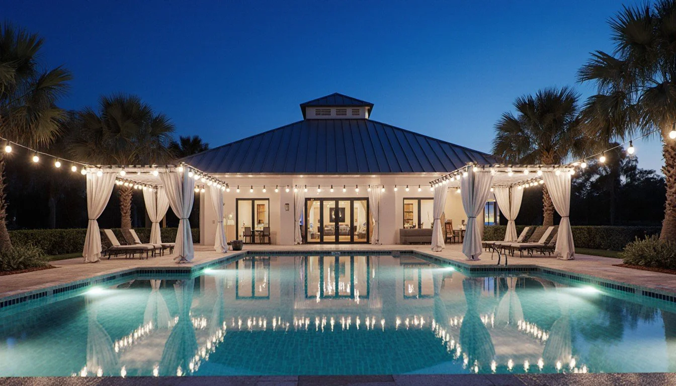 Resort pool and cabanas at blue hour