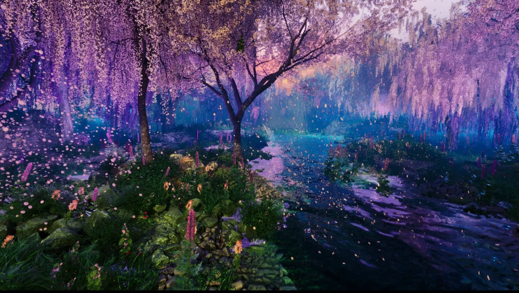 A digital painting of a mystical landscape with purple, pink, and blue hues. It features a river flowing through a forest of blooming cherry blossom trees with cascading petals, surrounded by lush greenery and moss-covered rocks.