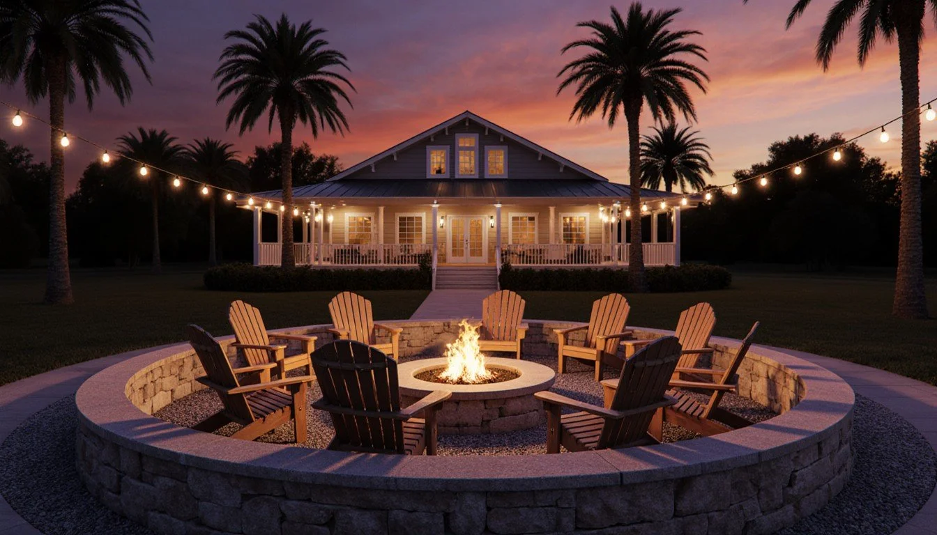 Fire pit gathering area at dusk