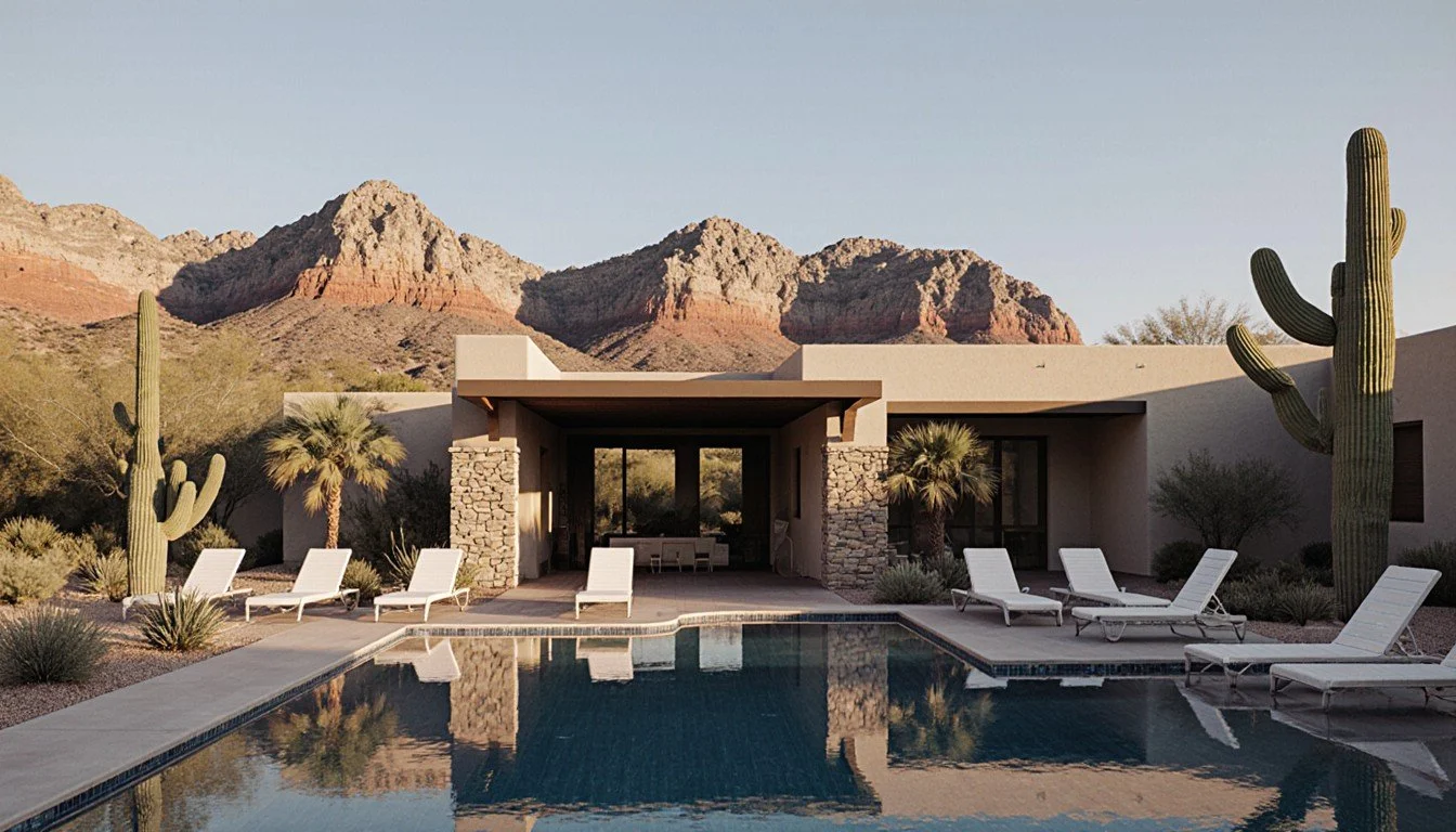 Desert amenity center and pool with mountain backdrop