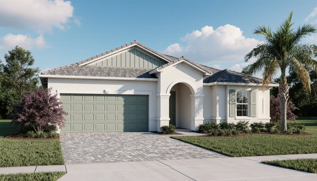 Single-story ranch home in sage and white