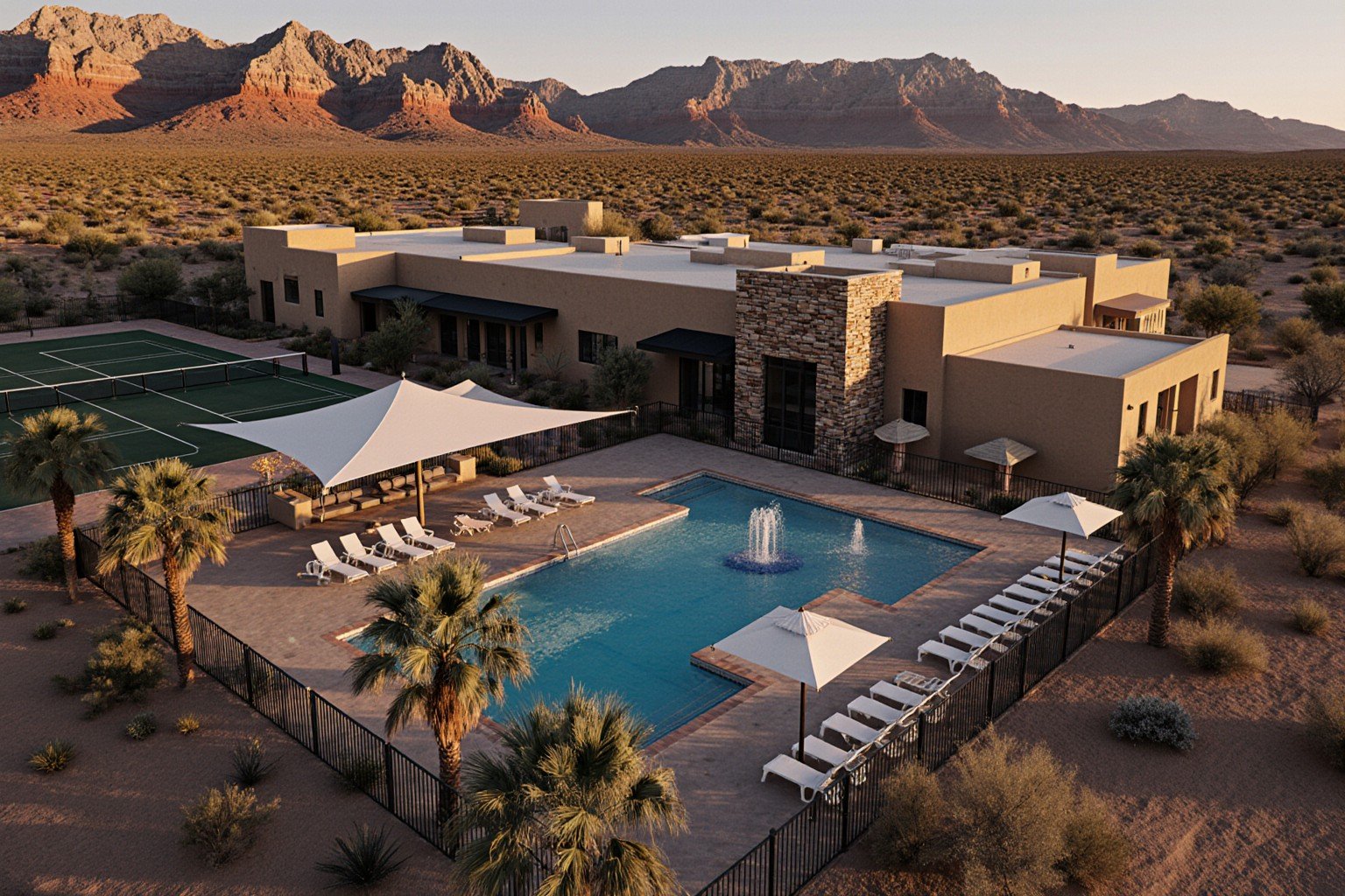 Desert amenity center from above: resort pool, shade sails and courts at golden hour
