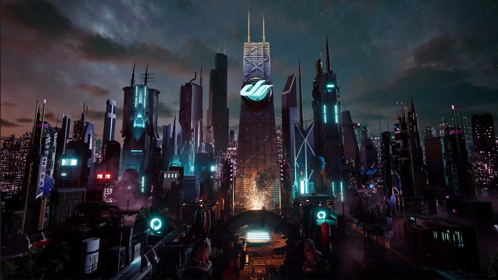 Unreal engine futuristic city skyline at night with tall illuminated skyscrapers, neon lights, and a starry sky.