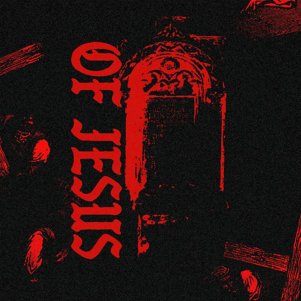 A stylized red and black poster with the word 'SUFFER' written vertically on the left side. The background features a dark, abstract image with a central arched doorway or window and some figures in the corners.