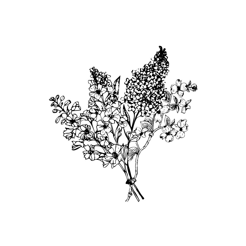 Line drawing of a bouquet of various flowers tied together.