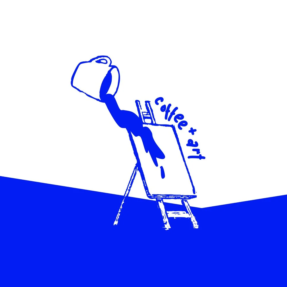 Line drawing of an easel with a painting, a tilted paint can pouring blue paint, and the words 'corke + art' written on the canvas.