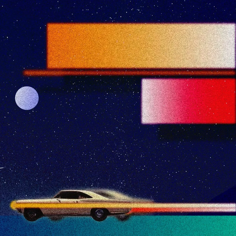 A vintage-style illustration with a night sky background, a white sports car with a yellow stripe, and abstract geometric shapes in orange, pink, and yellow.