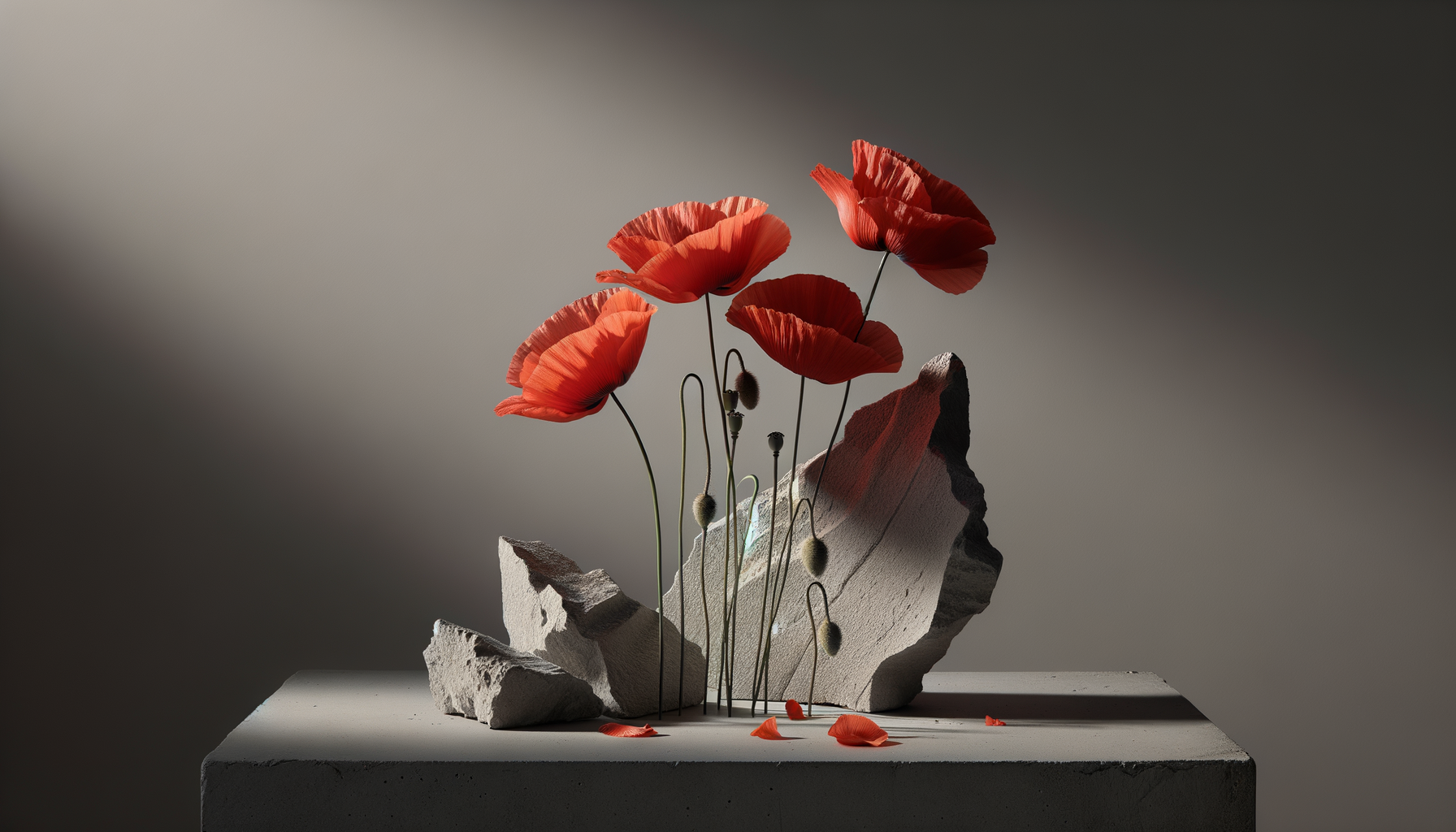 A minimalist floral arrangement with red poppies on thin stems, set on a concrete platform with a large rock, against a gray background.