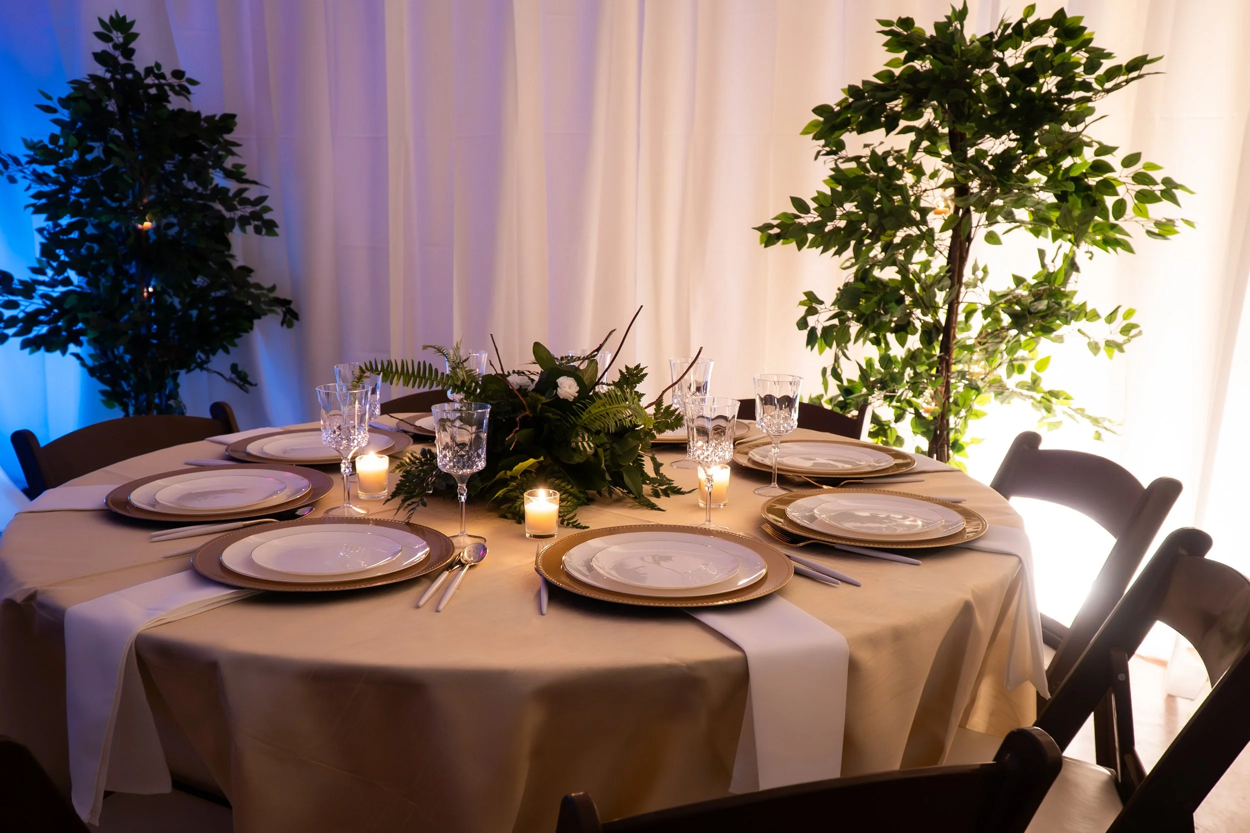 A round table set for a formal dinner with white plates, gold-rimmed chargers, crystal glasses, silverware, a floral centerpiece, and lit candles, surrounded by black chairs. Behind the table, there are tall green houseplants and white curtains with 