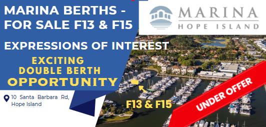 Flyer advertising Marina Berths for sale at Hope Island with an aerial view of the marina and surrounding area, including boats and waterfront homes. It highlights exciting double berth opportunities and shows a red banner indicating the offer is und