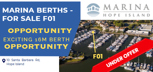 Advertisement for Marina Berths for Sale at Hope Island, featuring a map, marina images, and a red banner indicating 'Under Offer'.