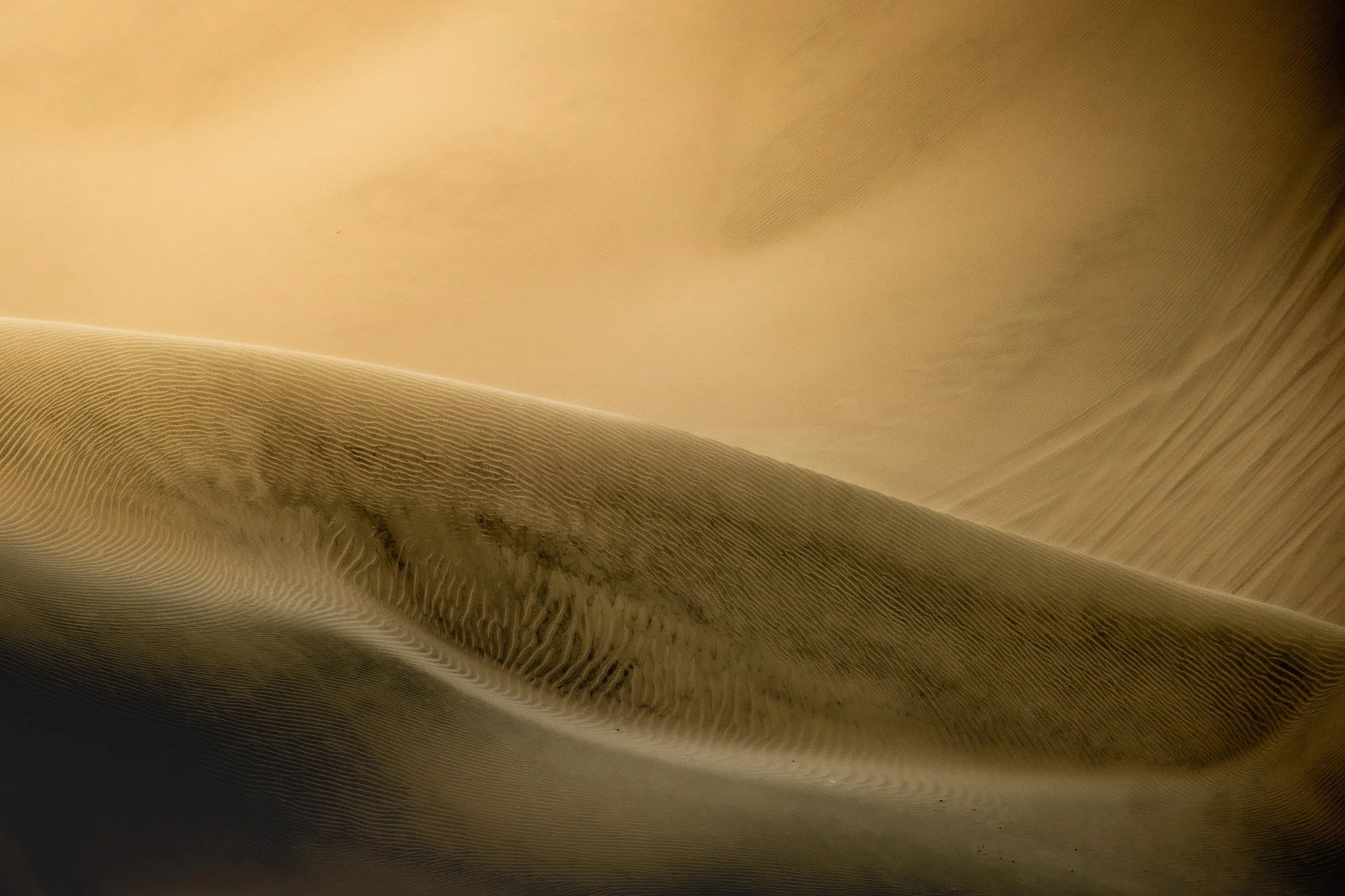 Close-up of sand dunes with ripples, showcasing the desert landscape.