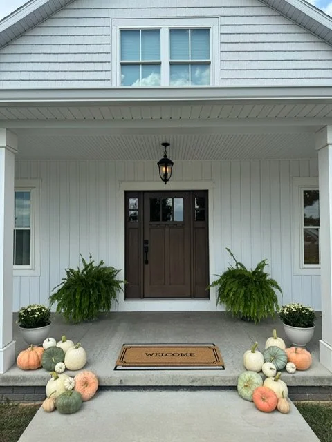 A collection of pastel-colored pumpkins in shades of white, blue, pink, and orange arranged on a wooden surface.