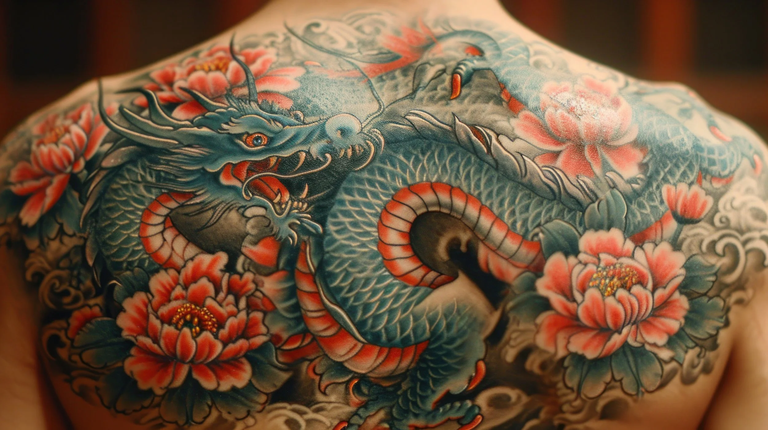 Close-up of a colorful traditional Japanese dragon tattoo surrounded by pink peony flowers on someone's back.
