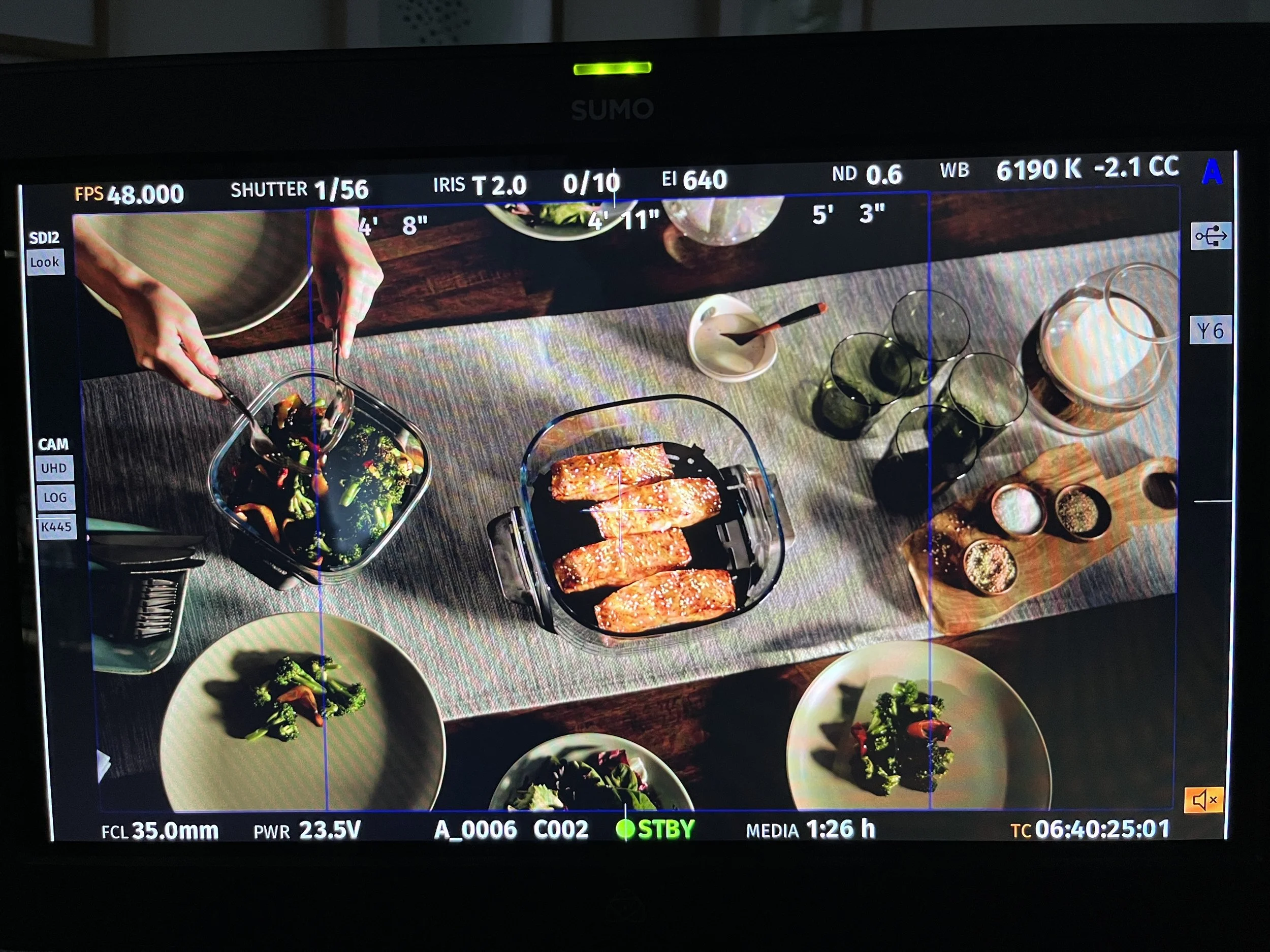 View from a camera showing a table with grilled salmon fillets, salad in a glass container, various spices in small bowls, glasses, and plates of salad.