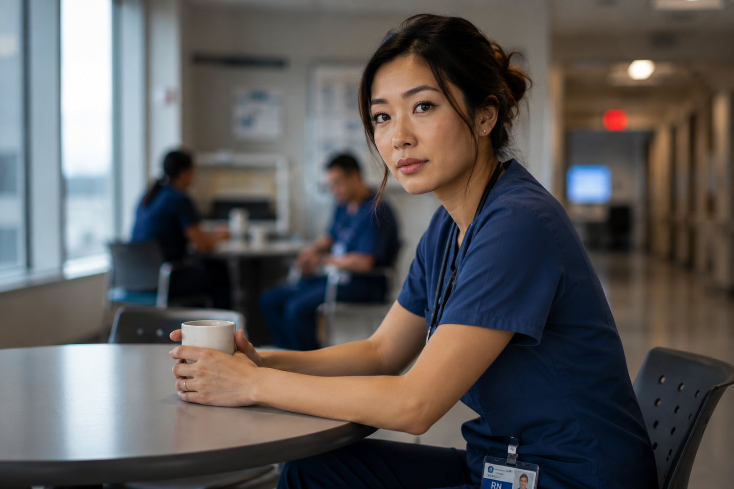 A nurse in navy scrubs sits holding a coffee cup in a hospital break room while colleagues talk behind her.