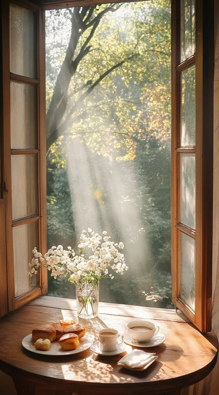 A cozy morning scene with a wooden window open to sunny trees outside. On the windowsill, there is a vase of white flowers, a plate with pastries, a cup of coffee, a small pitcher of milk, a bowl of cereal or soup, and a napkin.