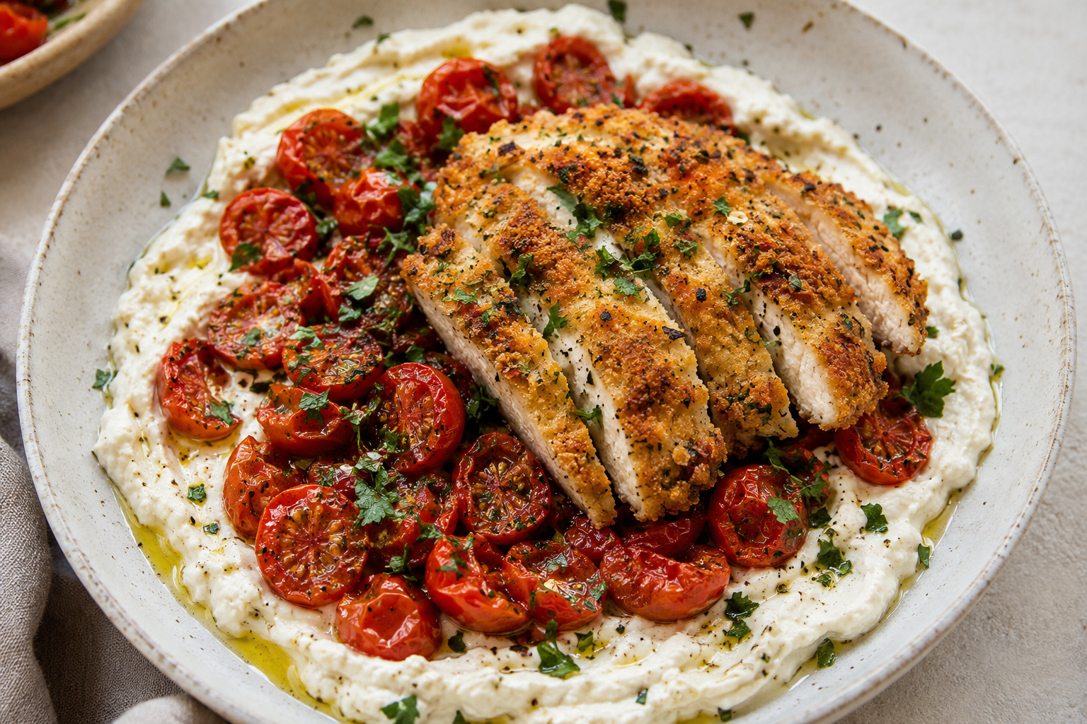 Whipped Feta + Roasted Tomatoes + Air-Fried Chicken Cutlet