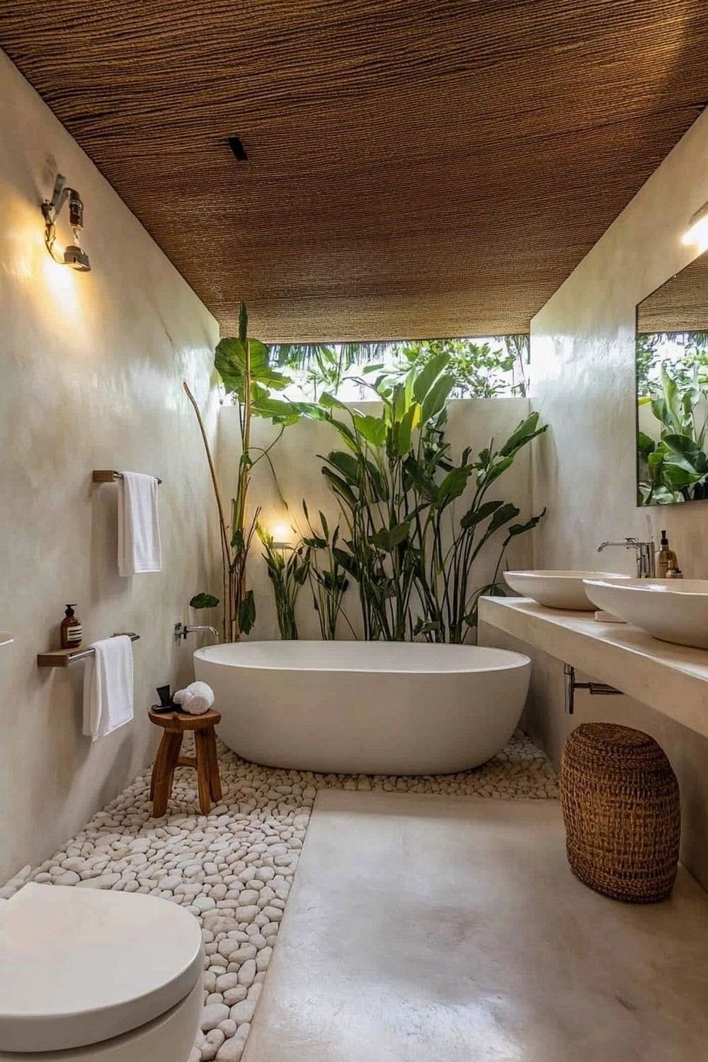 Modern bathroom with a free-standing bathtub, large green plants, white pebble flooring, a double sink vanity, and a large mirror, with natural light coming through a window