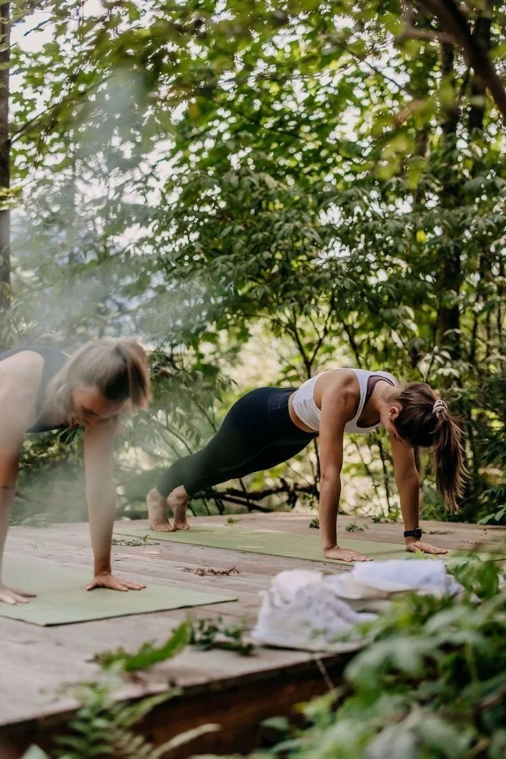 Two women practicing yoga outdoors on a wooden platform surrounded by lush green trees, doing plank poses with yoga mats.