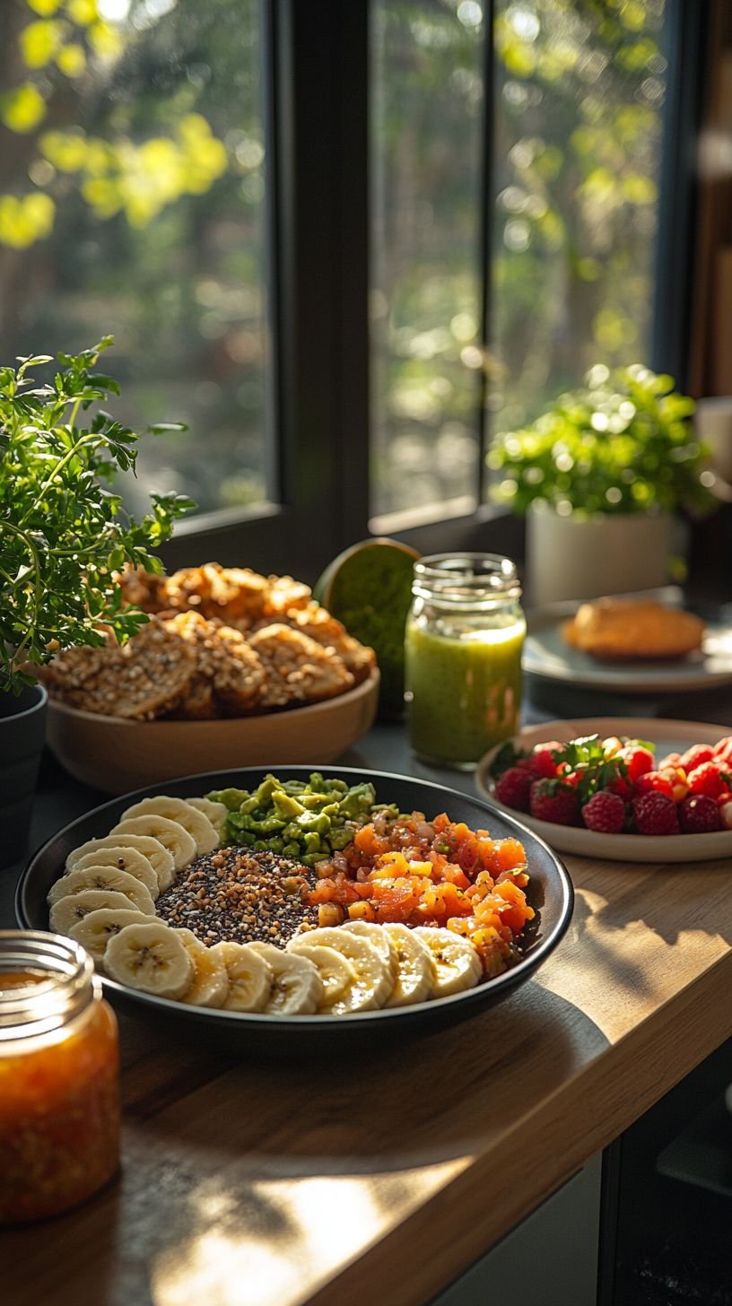 A breakfast spread on a wooden table near a window, featuring sliced bananas, avocado, roasted sweet potatoes, fresh strawberries, baked granola, and green smoothies in jars, with sunlight streaming in.