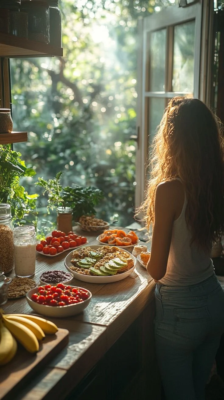 A woman is standing at a kitchen counter decorated with various fruits and food items, with sunlight streaming through a window and greenery outside.