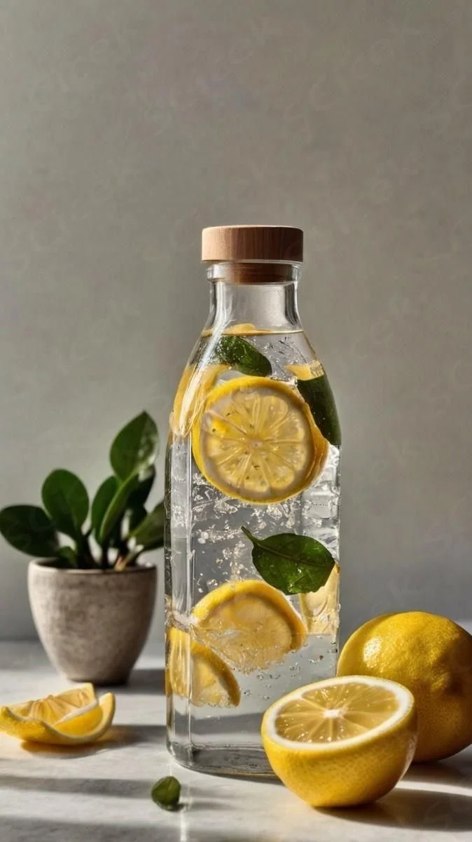 Glass water bottle with lemon slices and green leaves inside, sitting on a light-colored surface near whole and sliced lemons, with a potted plant in the background.