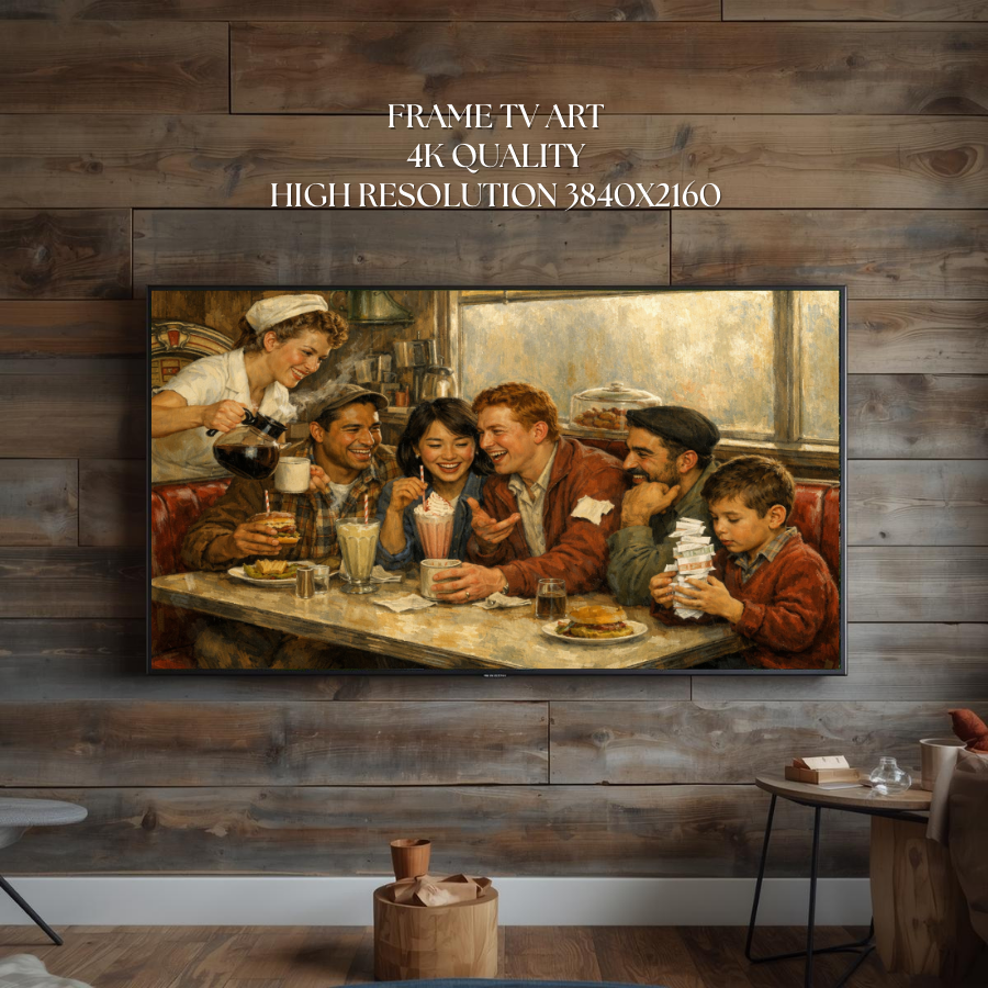 Norman Rockwell Style Samsung Frame TV Wallpaper Americana Diner Painting Classic 1950s Art Mid-Century Nostalgic