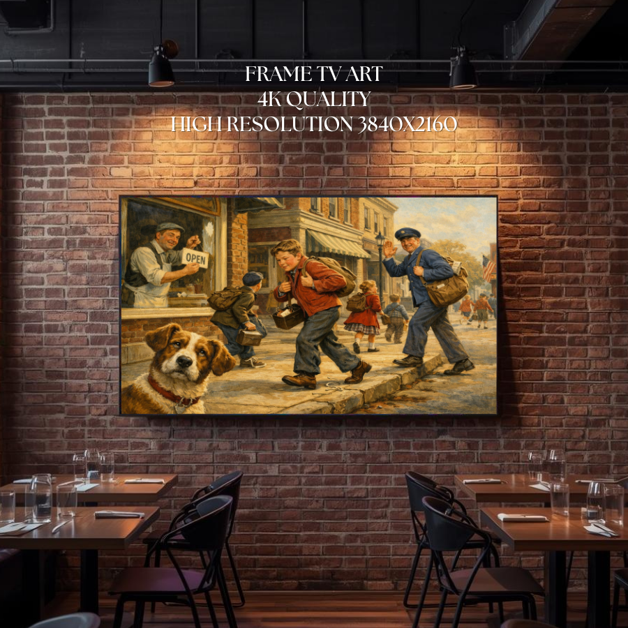 Nostalgic Americana Samsung Frame TV Display Realistic Pet Portrait Mid-Century Town Scene 4K Digital Wallpaper Classic Dog Imagery Decor