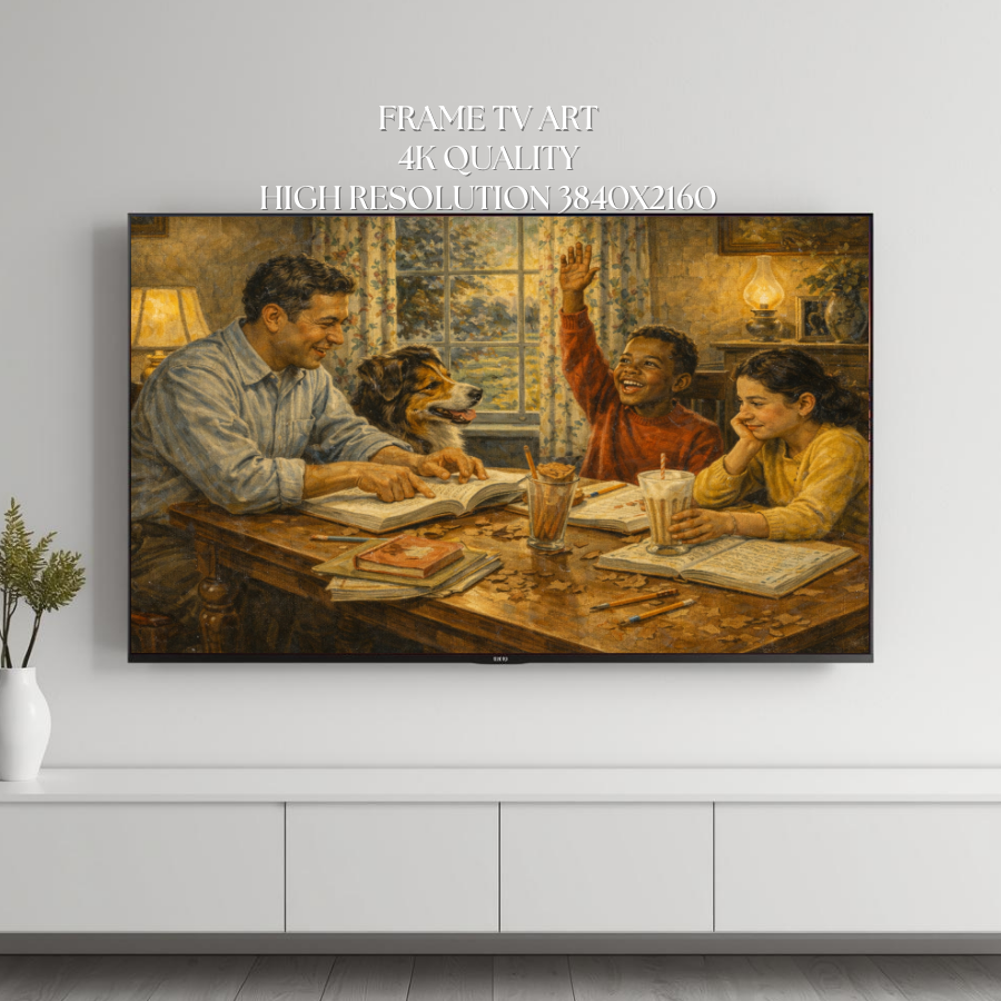 Vintage Family Homework Samsung Frame TV Art Nostalgic Reading Scene (Digital Download)