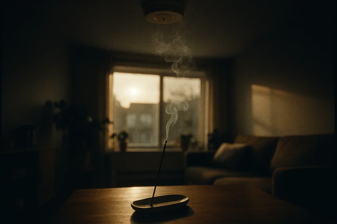 An incense stick burning with smoke rising in a dimly lit room, with a window in the background showing sunlight.
