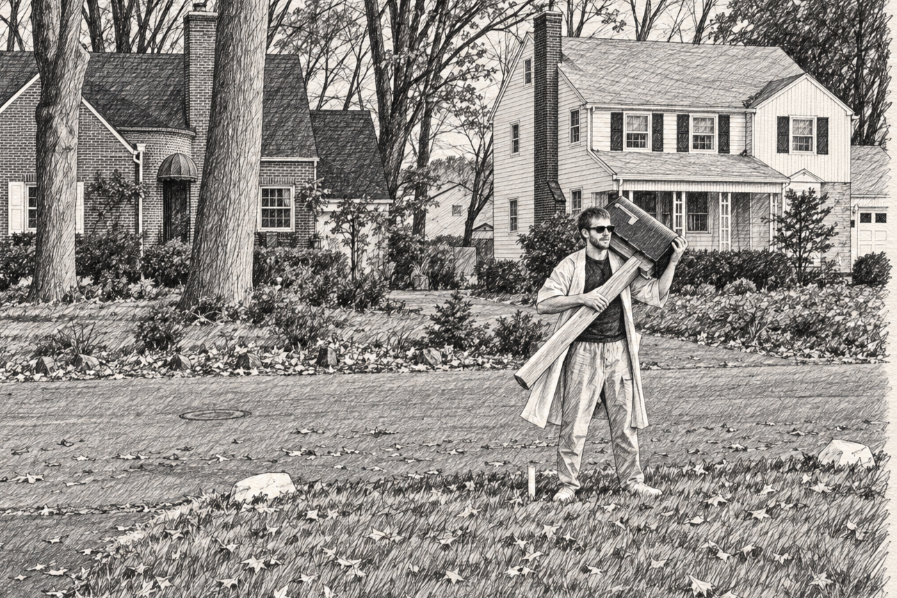 A man with sunglasses carrying a wooden cross-like object in a suburban neighborhood with houses and trees in the background.