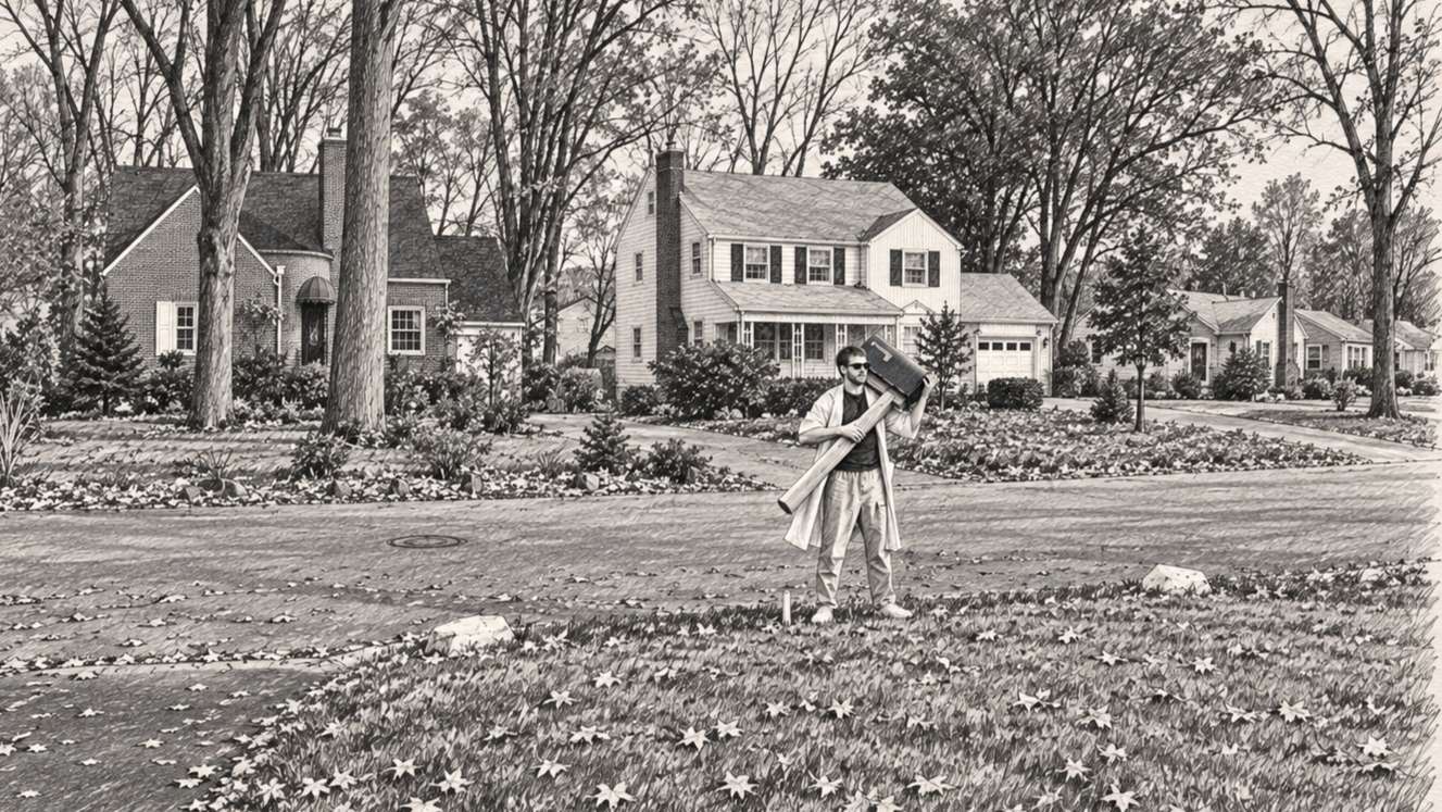 A man walking on a suburban street carrying a rolled-up rug and a small speaker or radio. Houses and trees line the street in the background.