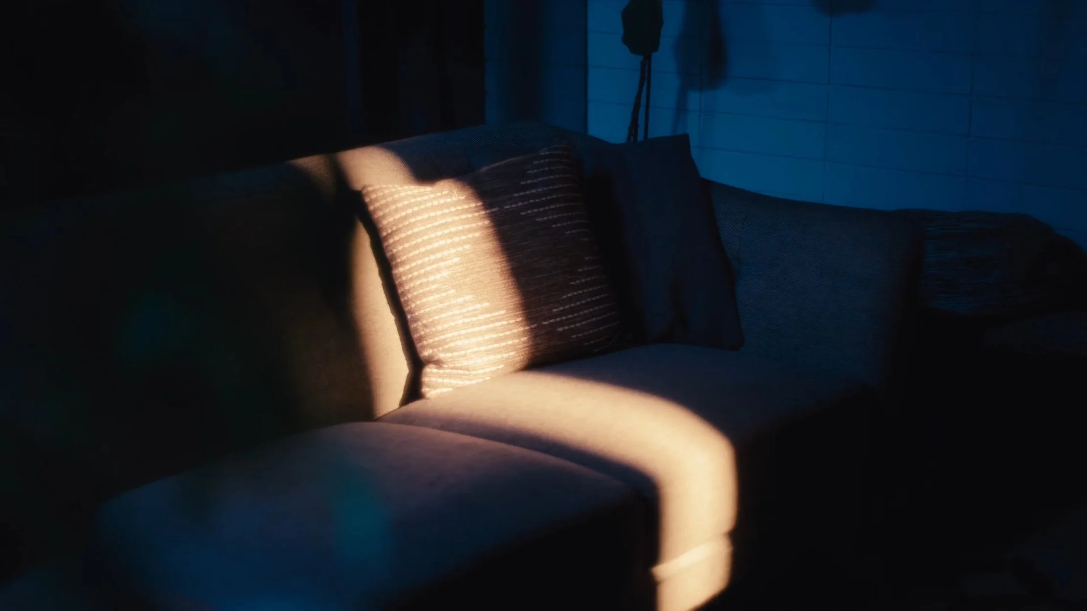 Sunlight casting shadows on a Couch with a black and brown striped Pillow and a rectangular throw pillow.