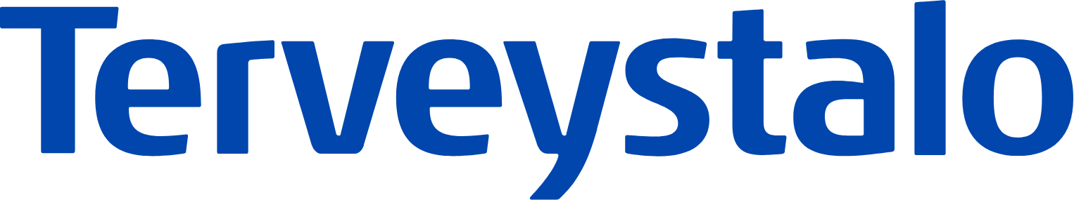 Close-up of the Terveystalo logo with stylized text in blue.