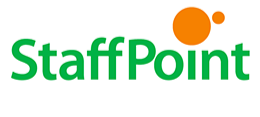 StaffPoint logo with green text and orange dots on a white background.