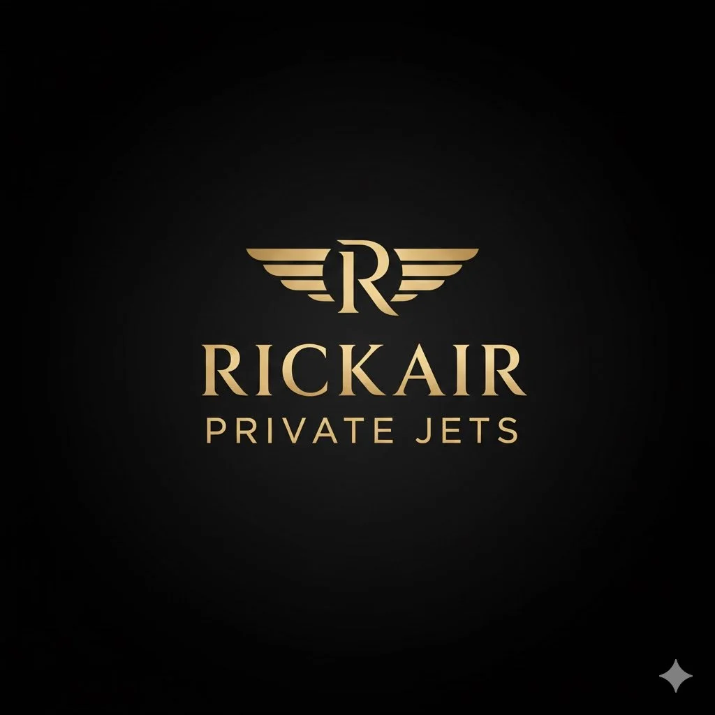 Gold and black logo for RickAir Private Jets with a stylized 'R' and wings design.