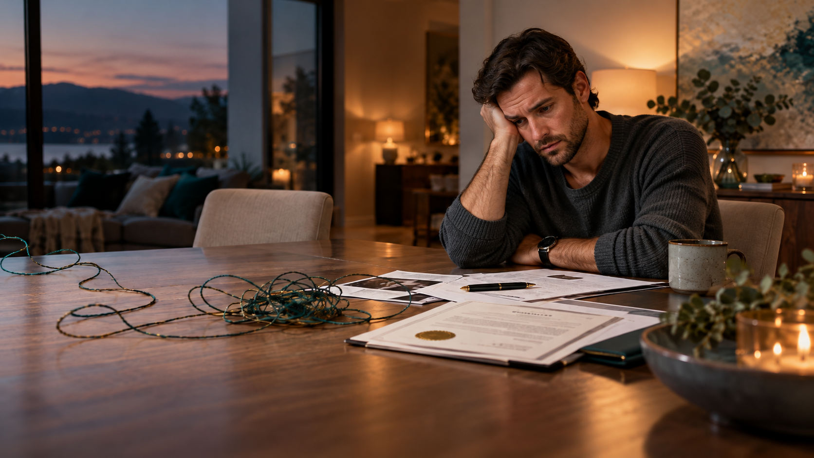 An exhausted man sits at a table with divorce papers and a tangled cord, symbolizing the emotional toll of high-conflict divorce and the conflict that can continue long after the marriage ends.